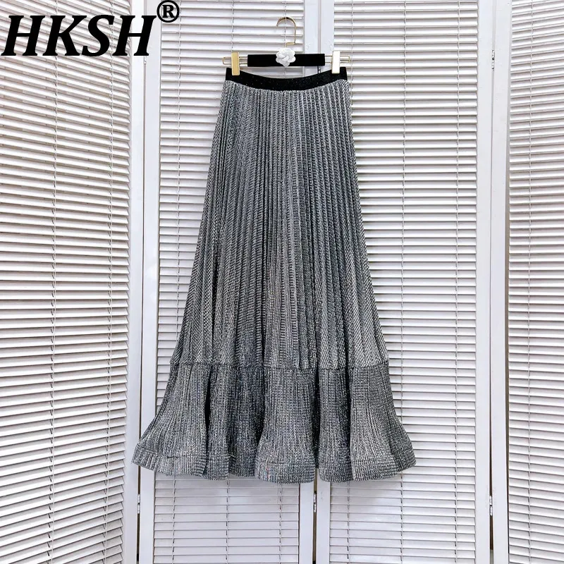 

HKSH Summer New Women Tide Chic High Street Elastic Waisted Pleated Shiny Design Luxury Casual Fashion A-line Long Skirts HK7597