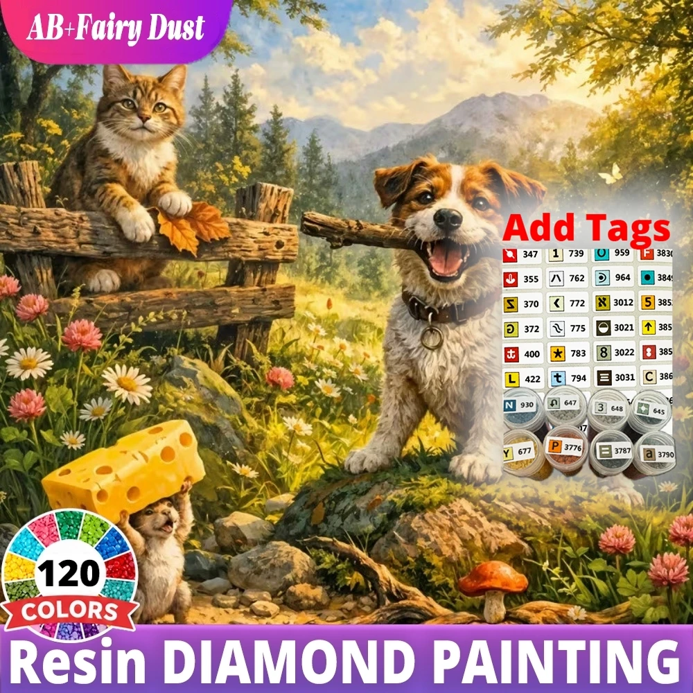 120 Color Resin Dog Cat Garden Bench Animal Cute AB Fairy Dust Diamond Painting Kit Full Square Round Mosaic Home Decor