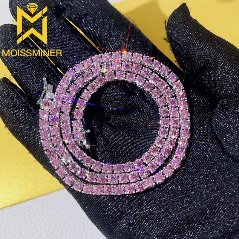 2mm Pink Moissanite Tennis Chain Necklace For Women S925 Silver Iced Out Chain Hip Hop Jewelry Pass Diamonds Tester With GRA