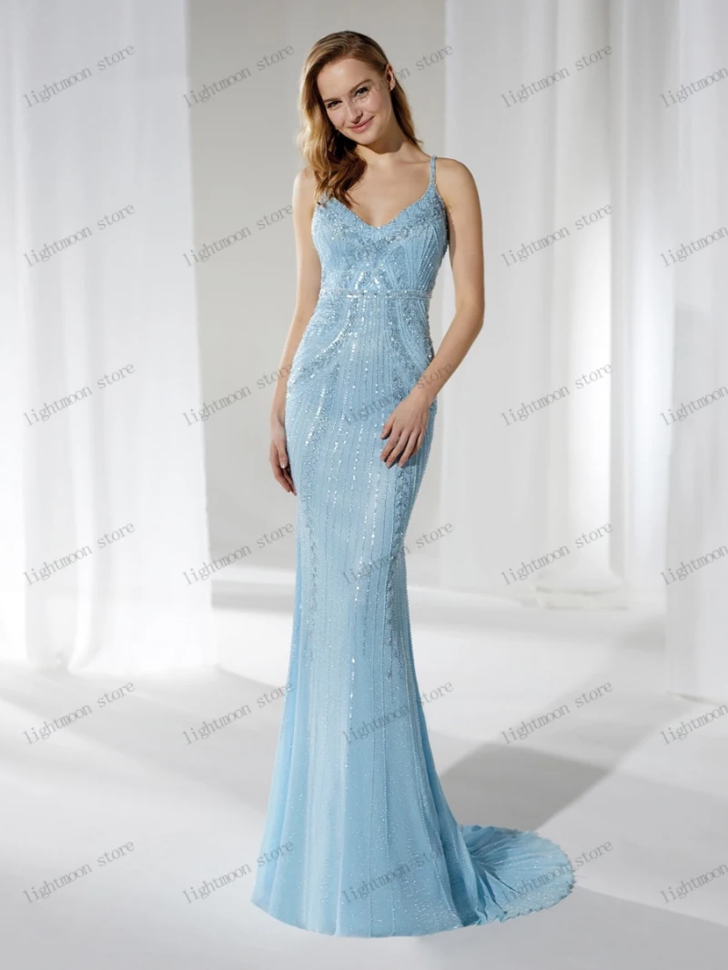 

Элегантные вечерние платья, красивое облегающее платье-Русалка с открытой спиной, платье для выпускного вечера, небесно-голубые Бальные платья, простые платья для торжества 2024