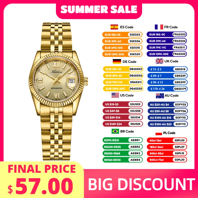 

ADDIES Fashion Luxury Women's Wristwatch 585 Quartz 316L Stainless Steel BGW9 Super Luminous Business Dress Woman Watches New