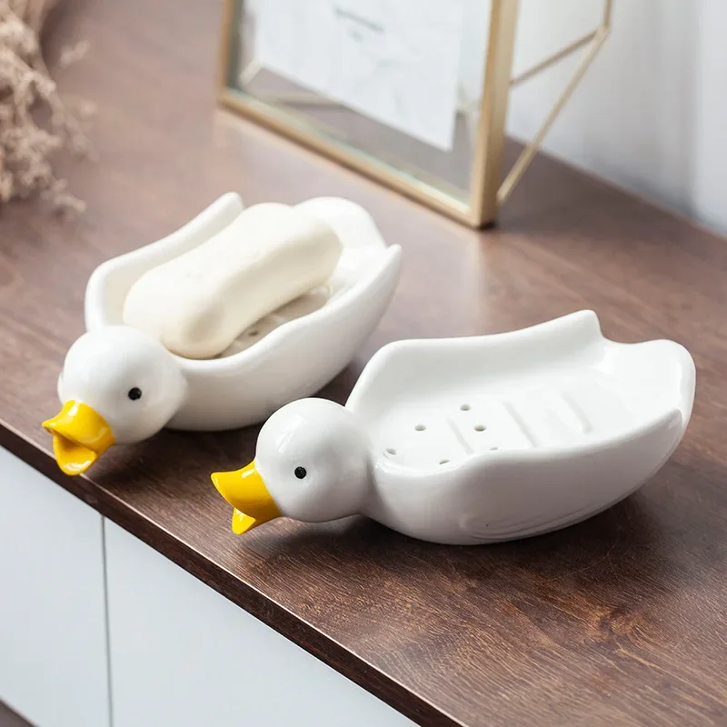 Duck Shape Ceramic Soap Box, Cartoon Soap Dish, Drainable Holder, Soap Stand, Cute Container, Bathroom Accessories