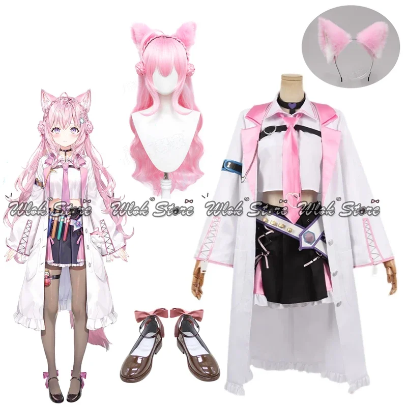 Vtuber Hololive Hakui Koyori Cosplay Costume Sweet Lovely Uniform Girls Women Halloween Role Play Props Ears Pink Wig and Shoes