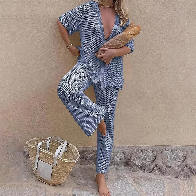 2024New Suimsuit Cover up Beach lavorato a maglia scava fuori cardigan Top pantaloni dritti set maglia a vita alta fondo vestito Sexy Streetwear