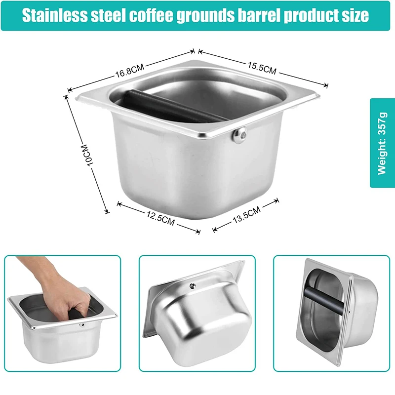 Stainless Steel Coffee Knocking Box with Rubber Bar Built in Container Sturdy