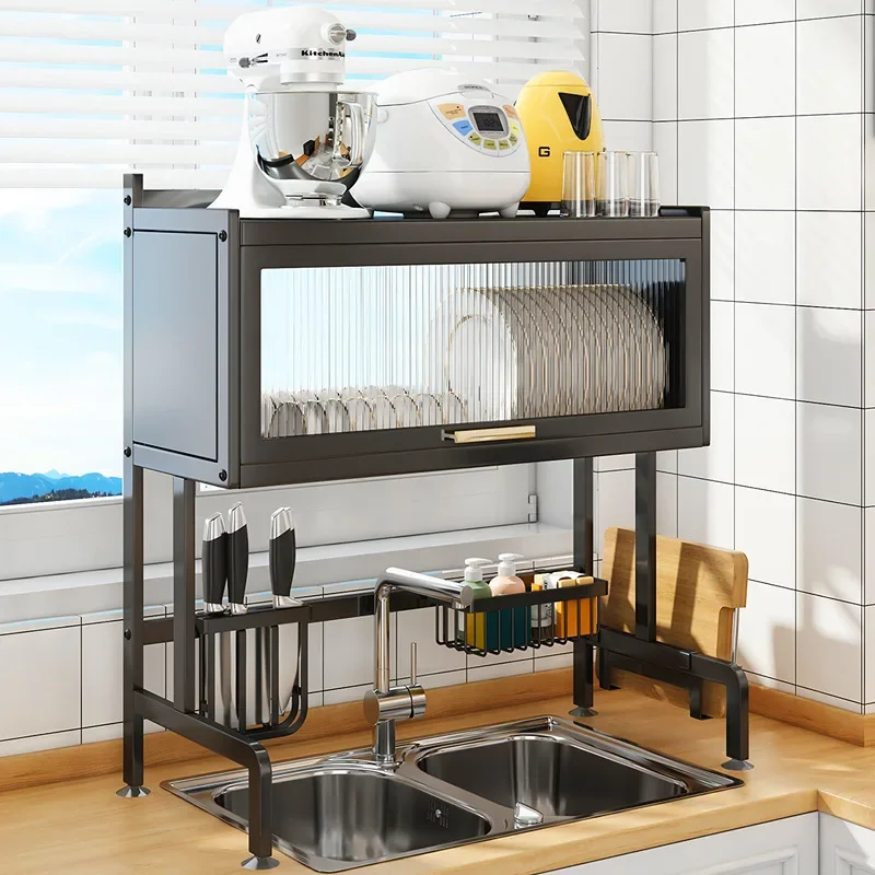 

Kitchen Sink Holder Storage Drainage Rack Table Top Telescopic Dish Rack With Door Cupboard Kitchen Accessories Organizer