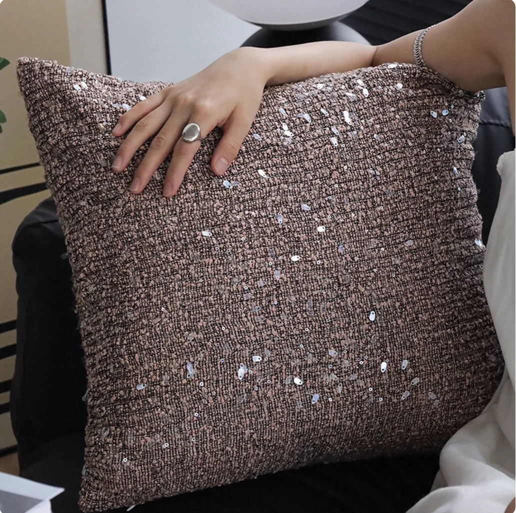 French style light luxury living room sofa pillow cover, modern simple sequin waist cushion, beige pillowcase backrest