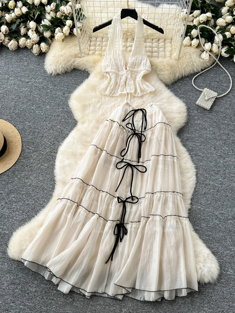

French style summer two-piece set vacation style V-neck hanging neck backless top+high waisted lace-up bow puffy long skirt