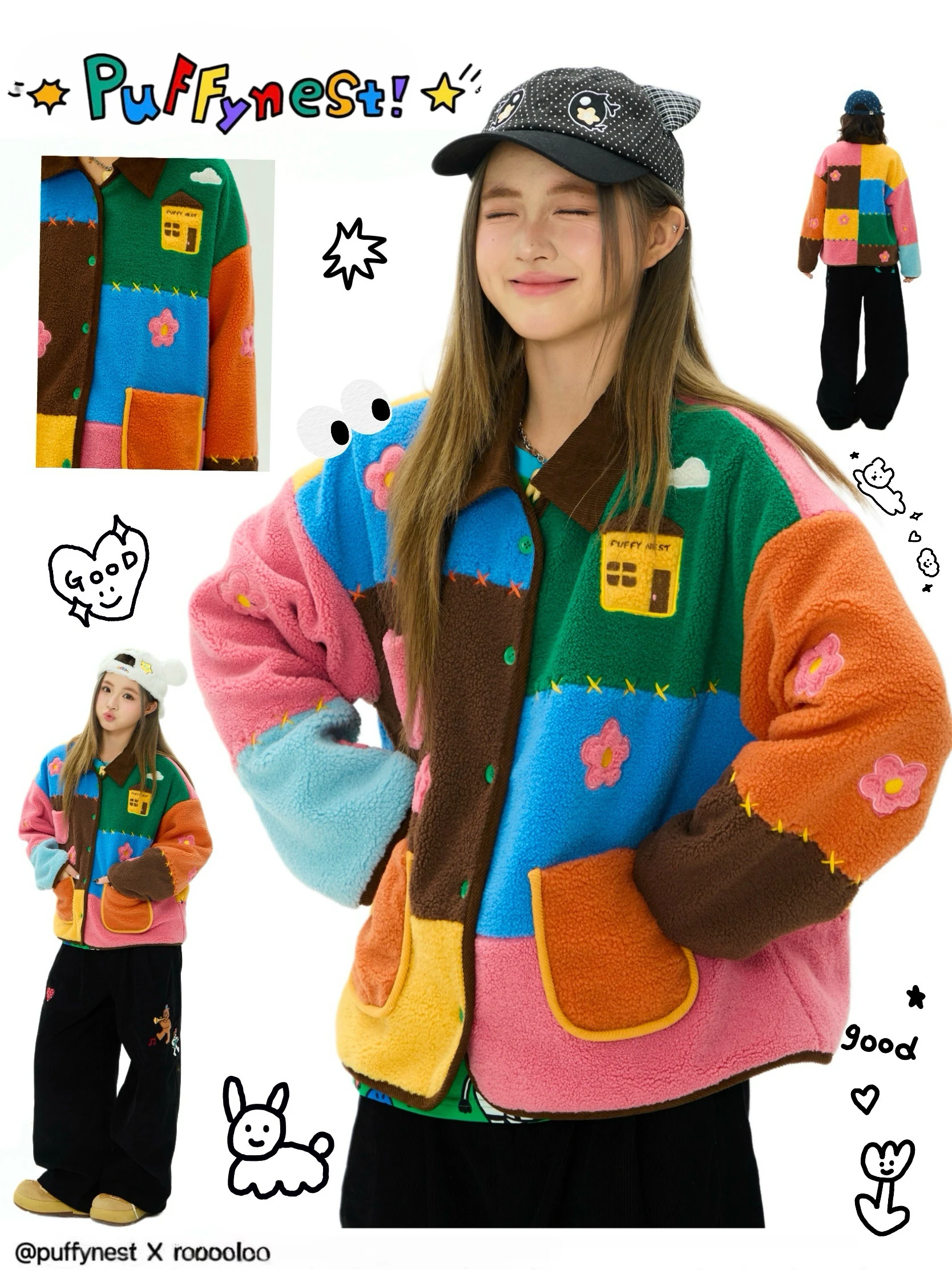 Puffynest Original Cute Embroidered Heavy Work Color Block Plaid Fleece Thin Cotton Jacket Spring Women's Casual Outerwear