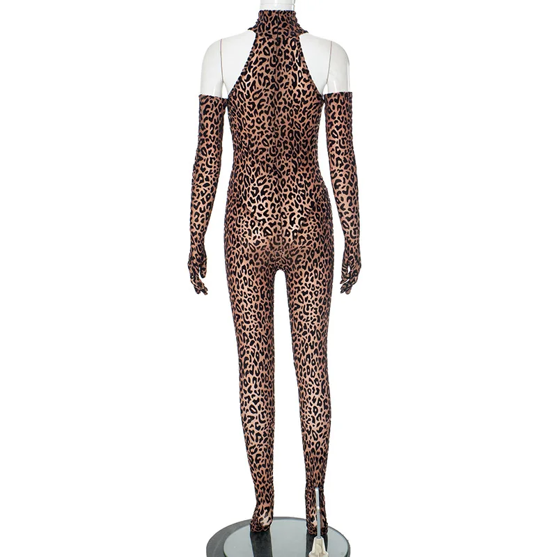 Macacão com estampa de leopardo sexy gola alta macacões finos com luvas de manga comprida feminino macacão de clube da meia-noite