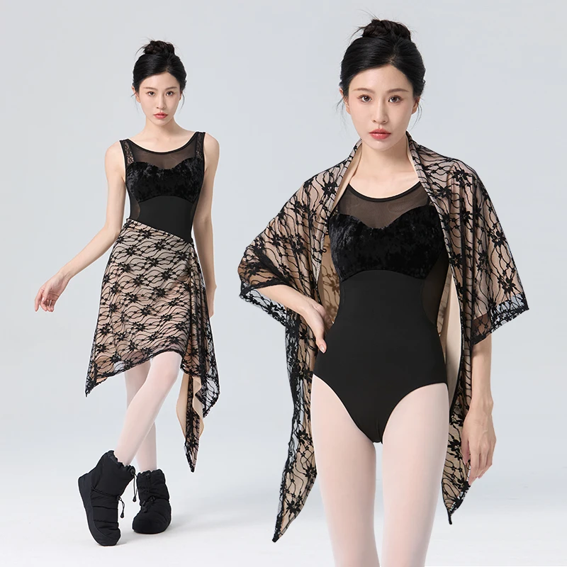 Women Ballet Dance Tops Adults Cape Coat Ballet Tops Retro Lace Chiffon Two-tone Shawl Skirt