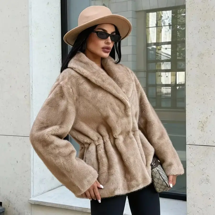 Women Winter Faux Fur Coat 2026 Elegant Camel Drawstring Waist Plush Jacket Lapel Collar Warm Cropped Outwear