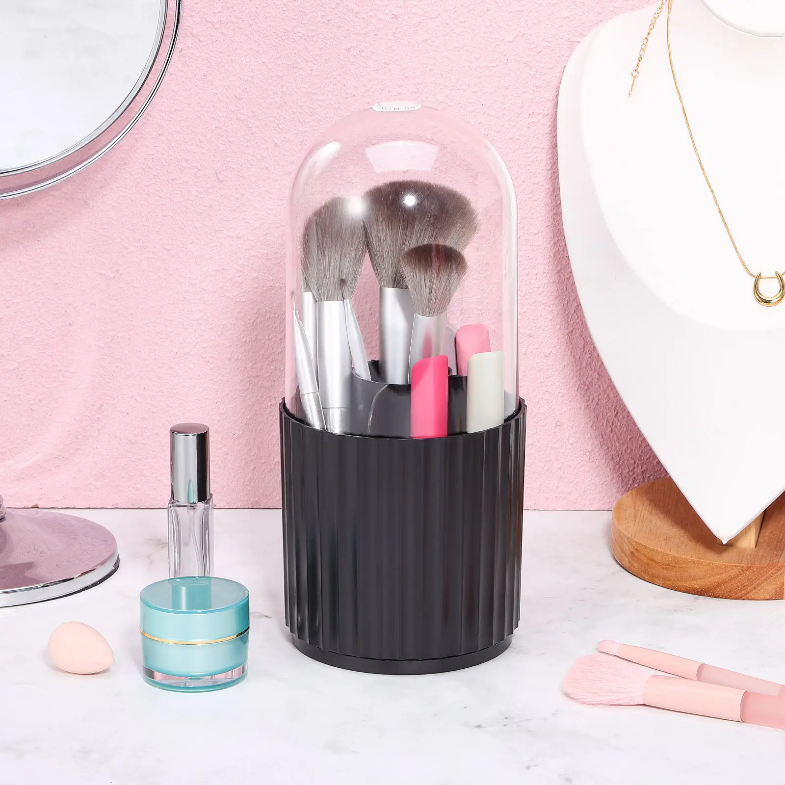 Makeup Brush Holder Organizer For Vanity Desk Organizer Professional Makeup Artist Rotating Transparent Lid Elegant