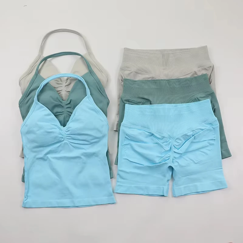2 قطعة مجموعة اليوغا Strappy سترة والسراويل النساء المقاومة التدريب سلس مبطن الرسن تانك القمم قطب بعقب رفع الصالة الرياضية مجموعة تي شيرتات قصيرة للأطفال