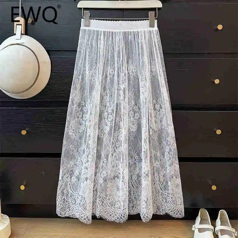 EWQ Hollow Out Hook Flower Design Solid Color All-match Skirt High Waiste Thin Single-layer Lace Skirts 2025 Spring Tide 27X2306