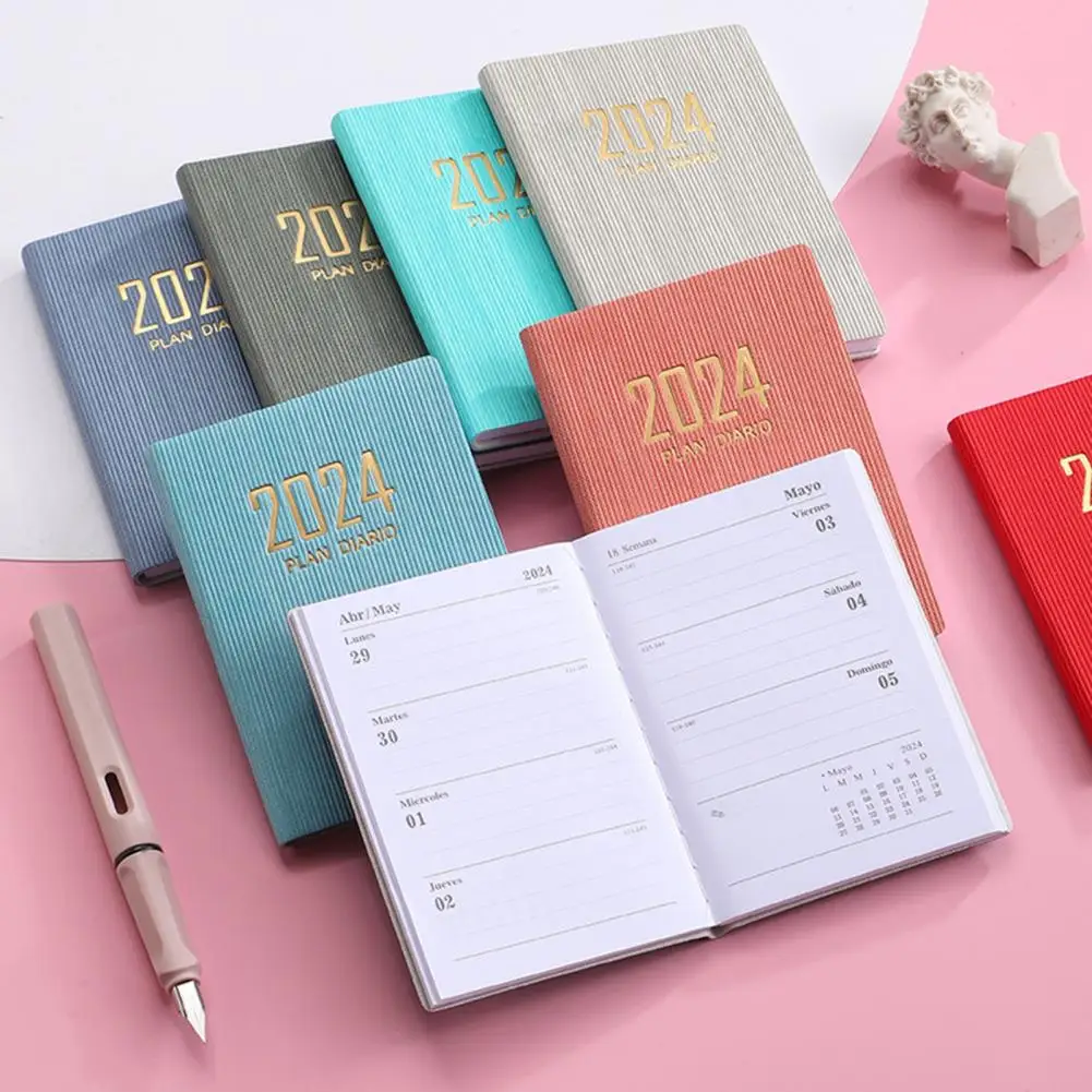 A7 2024 English Planner Faux Leather Hardcover 180 Pages Ink-Proof Paper Mini Journal Dairy Pocket Notebook Student Supplies