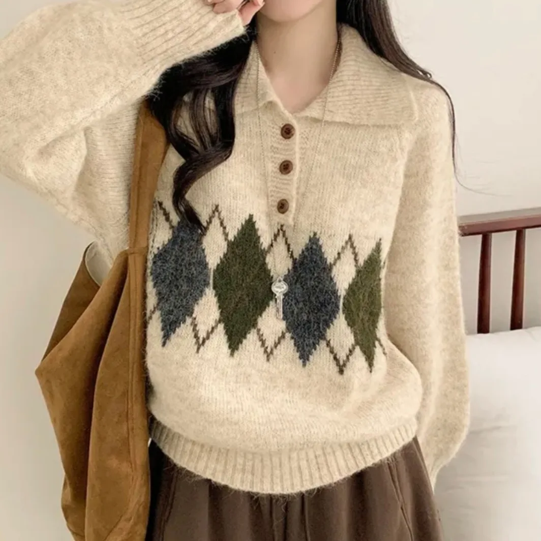 Chic autunno inverno maglione lavorato a maglia donna allentato college pigro Sle fiore antung f colletto rovesciato aperto caldo termico fuori...