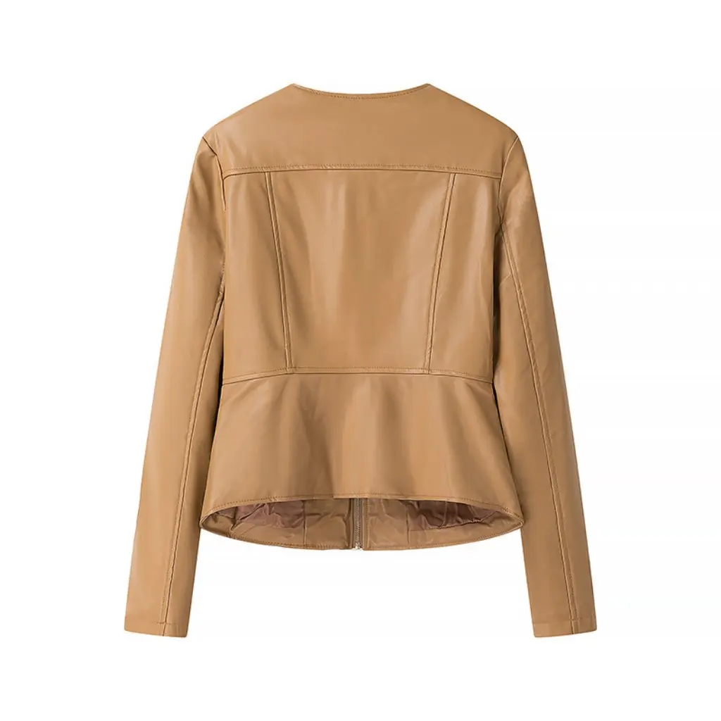 Primavera otoño Color sólido cuello redondo cremallera chaqueta de cuero ajustada estilo americano europeo ropa de abrigo de manga larga para mujer