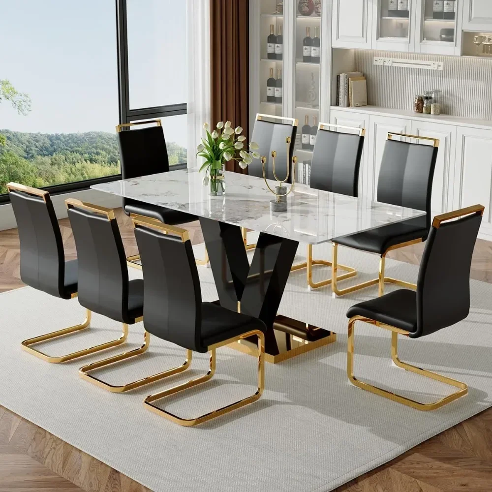 

71''9-piece Dining Table Set for 8,Marble Dining Table Set,Kitchen Tables with 8 PU Leather Chairs,Dining Table Set