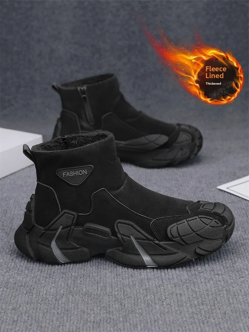 Men's Winter Thickened Fleece Lined Casual  Boots High Top Leather Fur Integrated Cotton Shoes Warm Cold Resistant