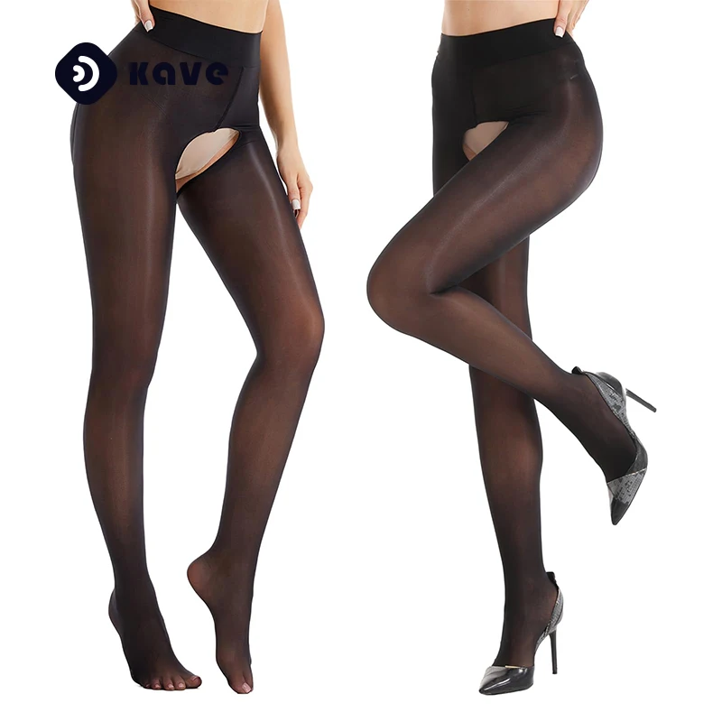 Kave 2 Pairs Shiny Sheer Tights Open Crotch pantyhose for Women Black Sexy High Waist shimmery tights Oil Shimmery Stocking