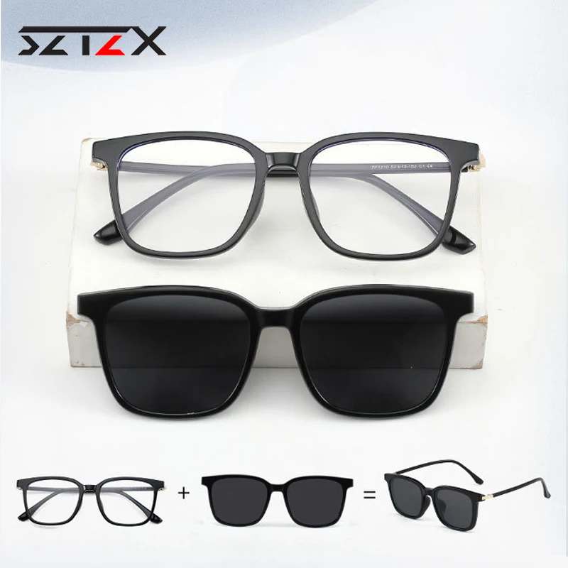 SZTZX Fashion Magnet Clip On Reading Glasses Men Anti-Blue Ray Myopic Hyperopia Prescription Glasses Women Polarized Sunglasses