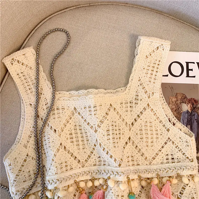 بروتيل بوهيمي منسوج للنساء ، توب قصير من الكروشيه ، شرابة مجوفة ، طراز عرقي ، صناعة ثقيلة ، جديد ، صيف