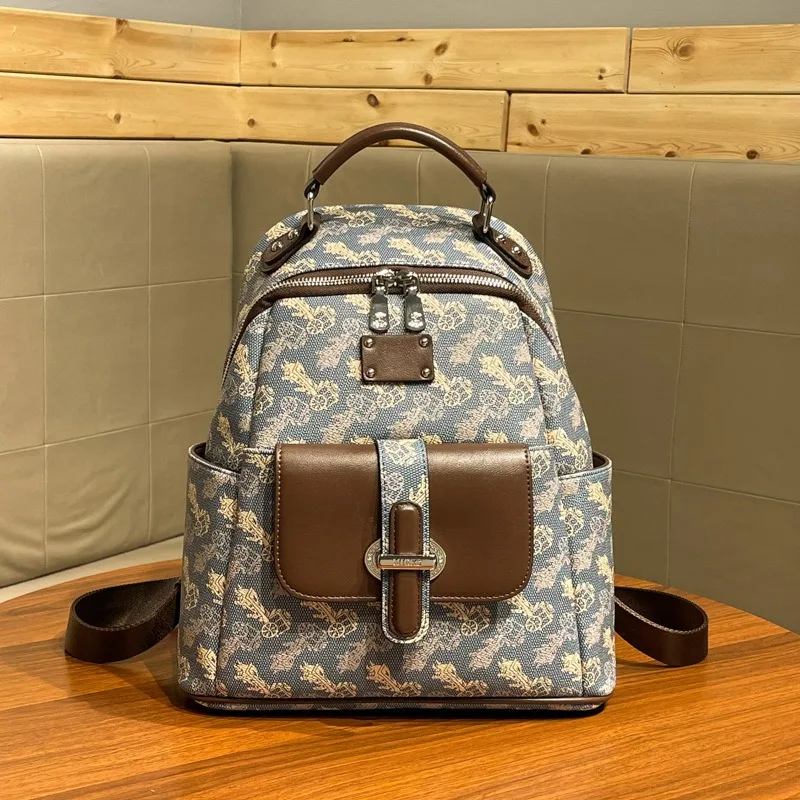 

Vintage Horse Carriage Print Backpack, Dusty Blue Monogram Travel Rucksack for Women, Casual Multi-Pocket