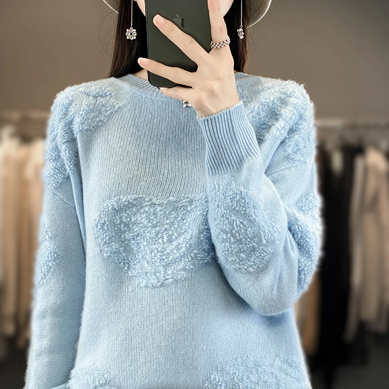 Rose Autumn/Winter new 100% Merino wool cashmere pullover Women's O-neck pullover warm bottom knit shirt top