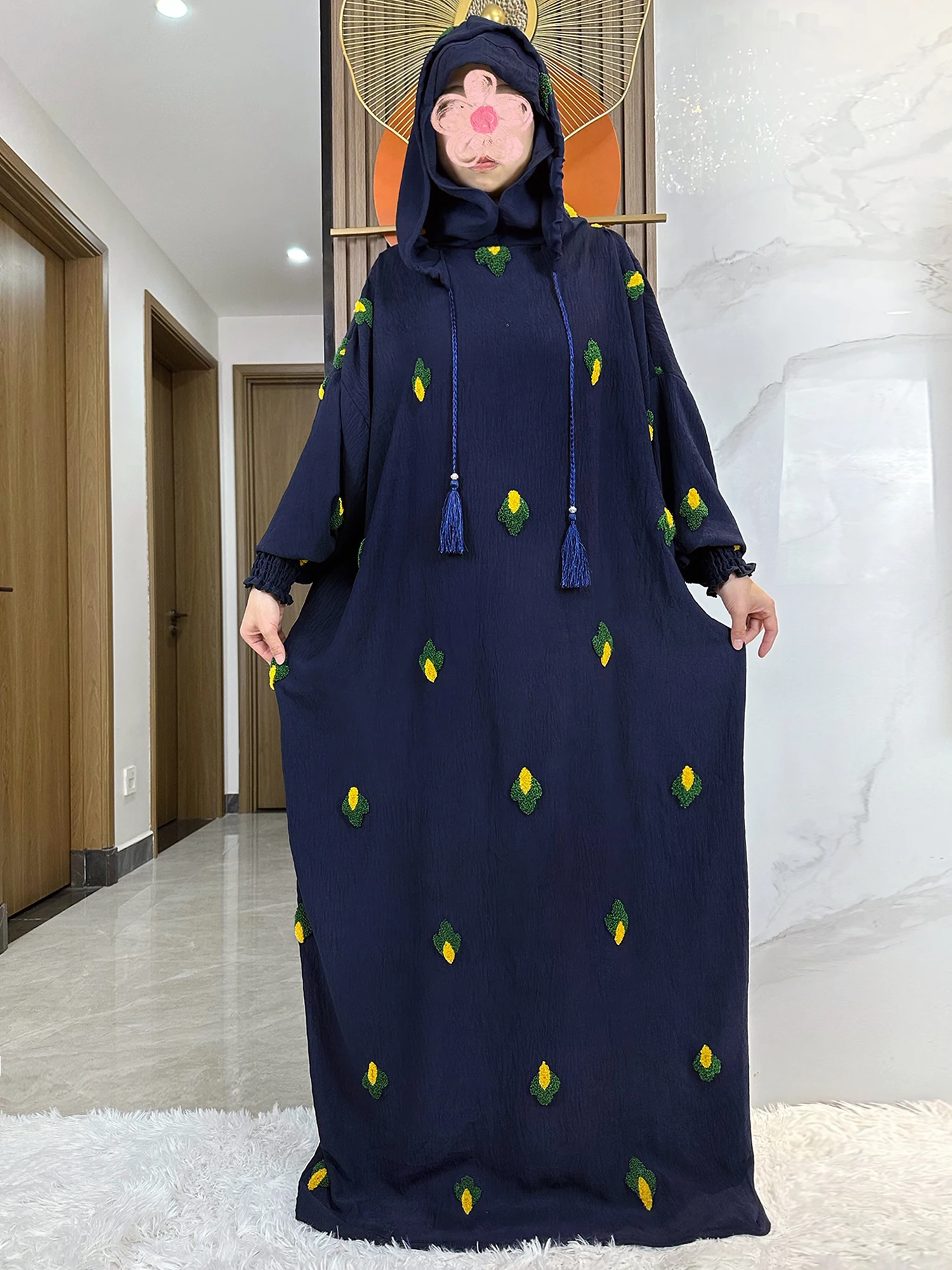 

2026 Ramadan Muslim Women Abaya Two-Hats Double-cap Embroidered Dubai Turkey Style Islamic Prayer Clothing Kaftan Dress ED407