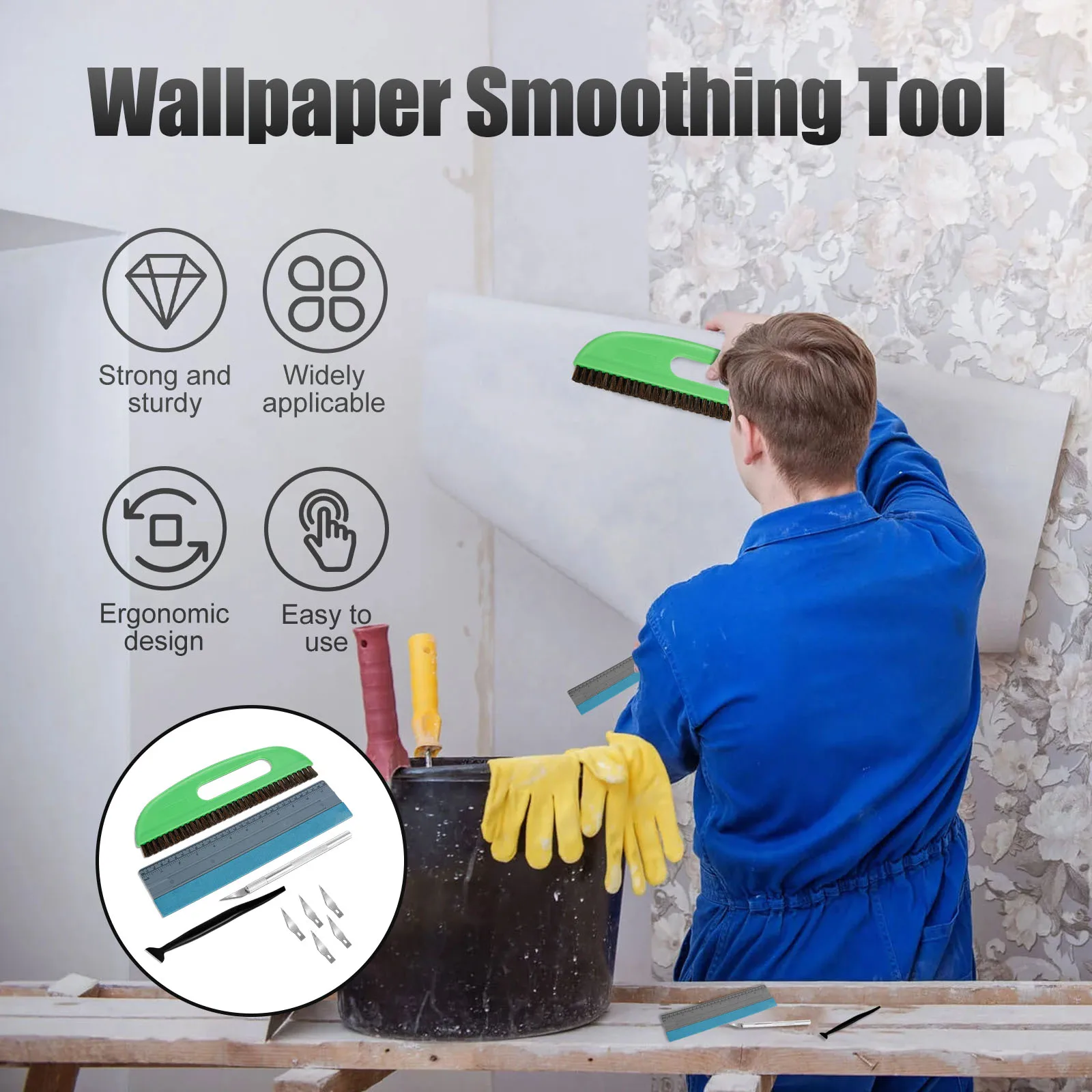 Wallpaper Smoothing Tool Kit Multipurpose Wallpaper Tool Set with Brush Knife Blades Scale Scraper and Trimmer Reusable Peel and