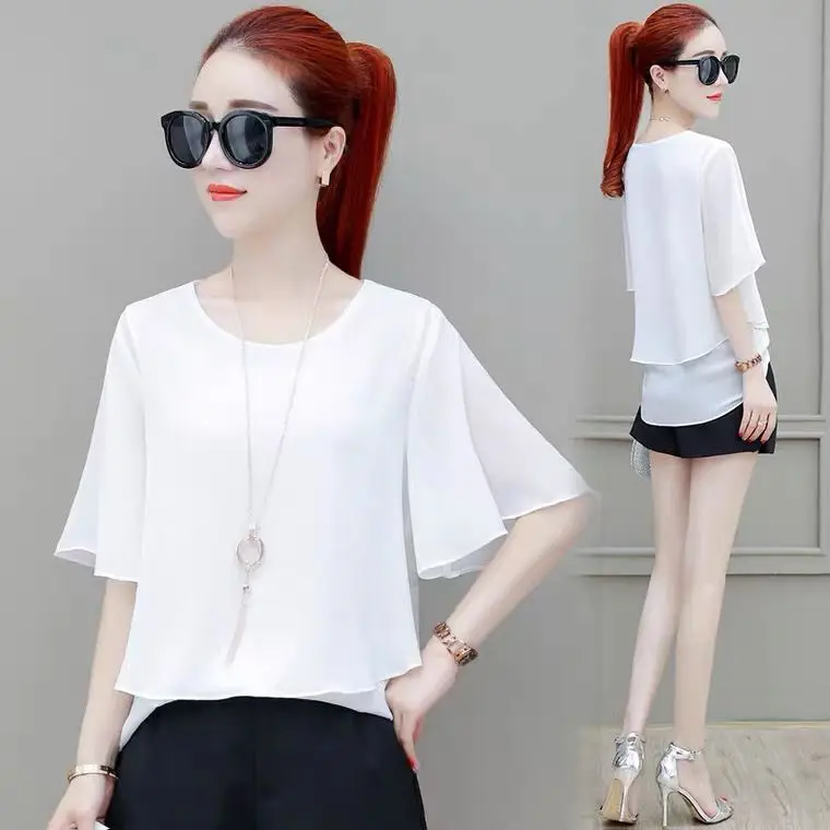 Blusa de chiffon coreana de verão para mulheres, manga curta, para escritório, plus size, elegante e acessível.