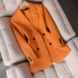 Blazer Formal de manga larga para mujer, chaqueta a cuadros naranja, negro y verde, ropa de trabajo de un solo pecho, abrigo para Otoño e Invierno