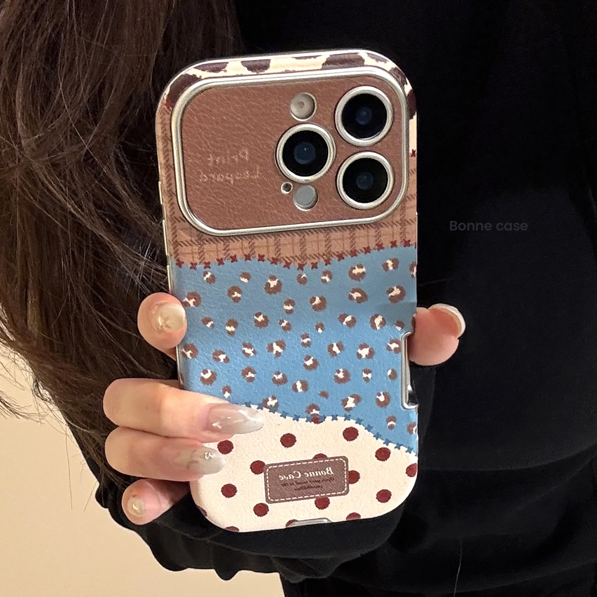 Korean Leopard Print Splicing Faux Leather Phone Case for iPhone 17 16 15 14 13 12 11 Pro Max Plus Shockproof Protective Cover