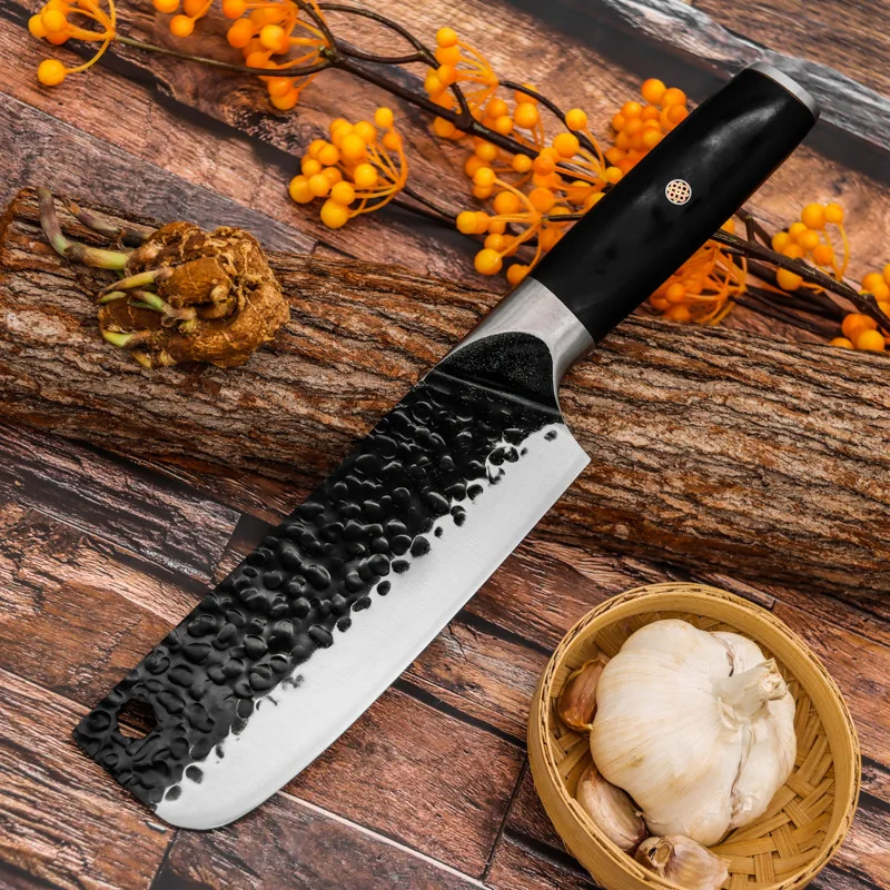 TJ POP Forged 7 Inch Nakiri Knife 5Cr15MOV Stainless Steel Hammer Pattern With Pakkawood Handle Sharp Slicing Chef kitchen knife