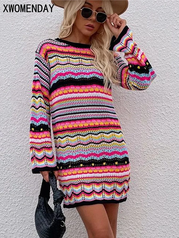 Autumn Winter Knitted Short Dresses For Women Fashion Rainbow Striped Sweater Dress Loose Black Hollow New In Dresses 2023