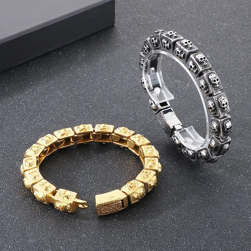KALEN Vintage Square Skull Head Bracelet for Men Punk Stainless Steel Gothic Party Jewelry Male Charm Gift Trendy Accessories
