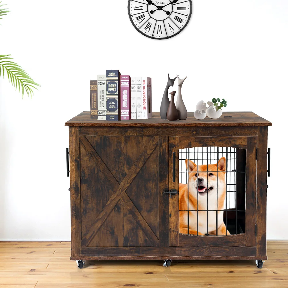 

Furniture Dog Crate End Table, 39" Wooden Dog Kennels with 4 Doors,Sliding Barn Door with Divider, Dog House Indoor with Wheels