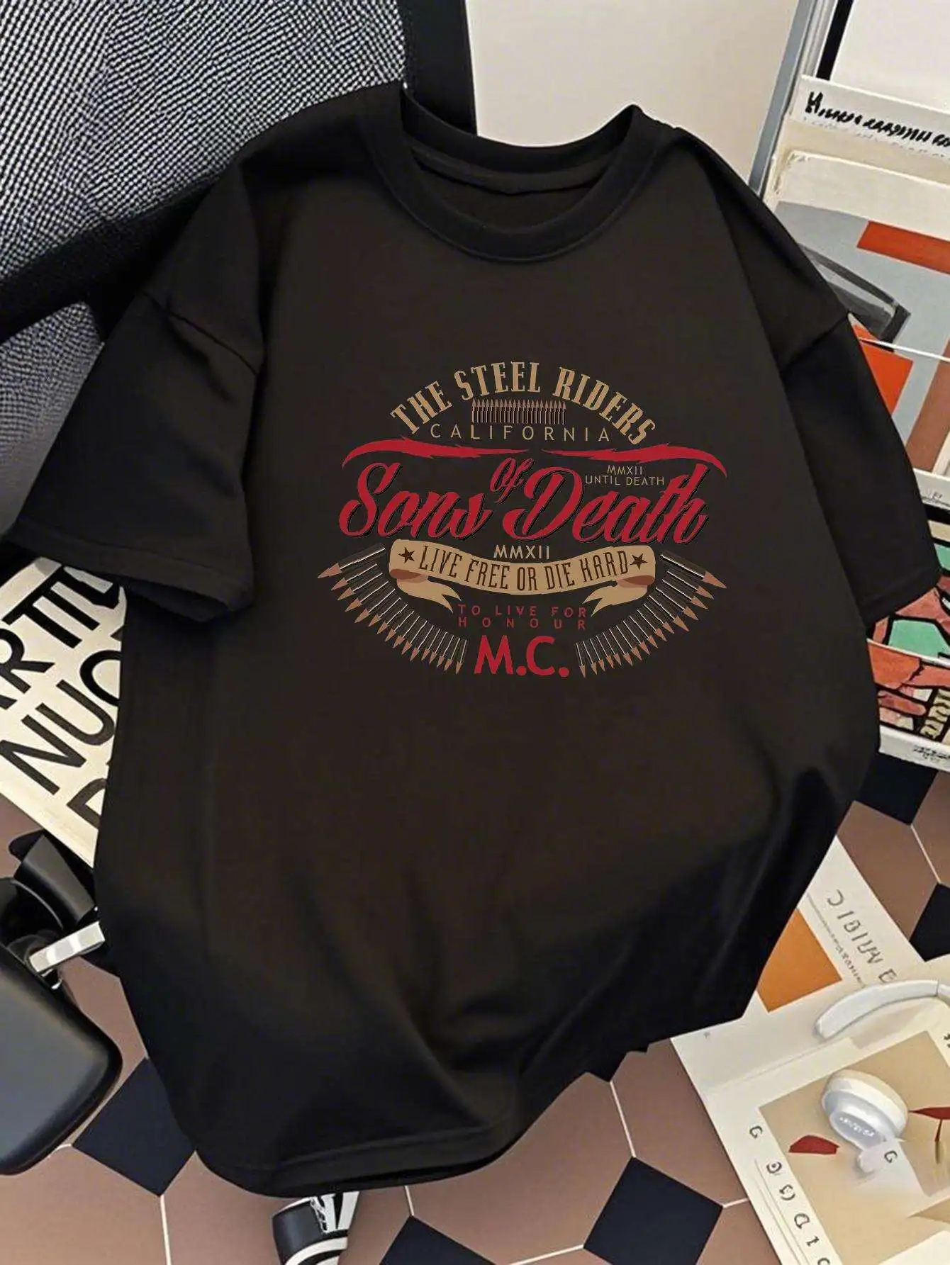 PRIVATHINKER Camiseta gráfica casual de algodón para hombre - Estampado "The Steel Racers Live Free", corte holgado