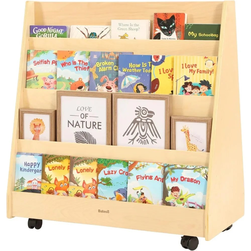 Double-Sided Bookshelf with Wheels, Wooden 4-Layer Toddler Bookshelf, Children's Magazine Storage Shelf, Ideal for Playrooms