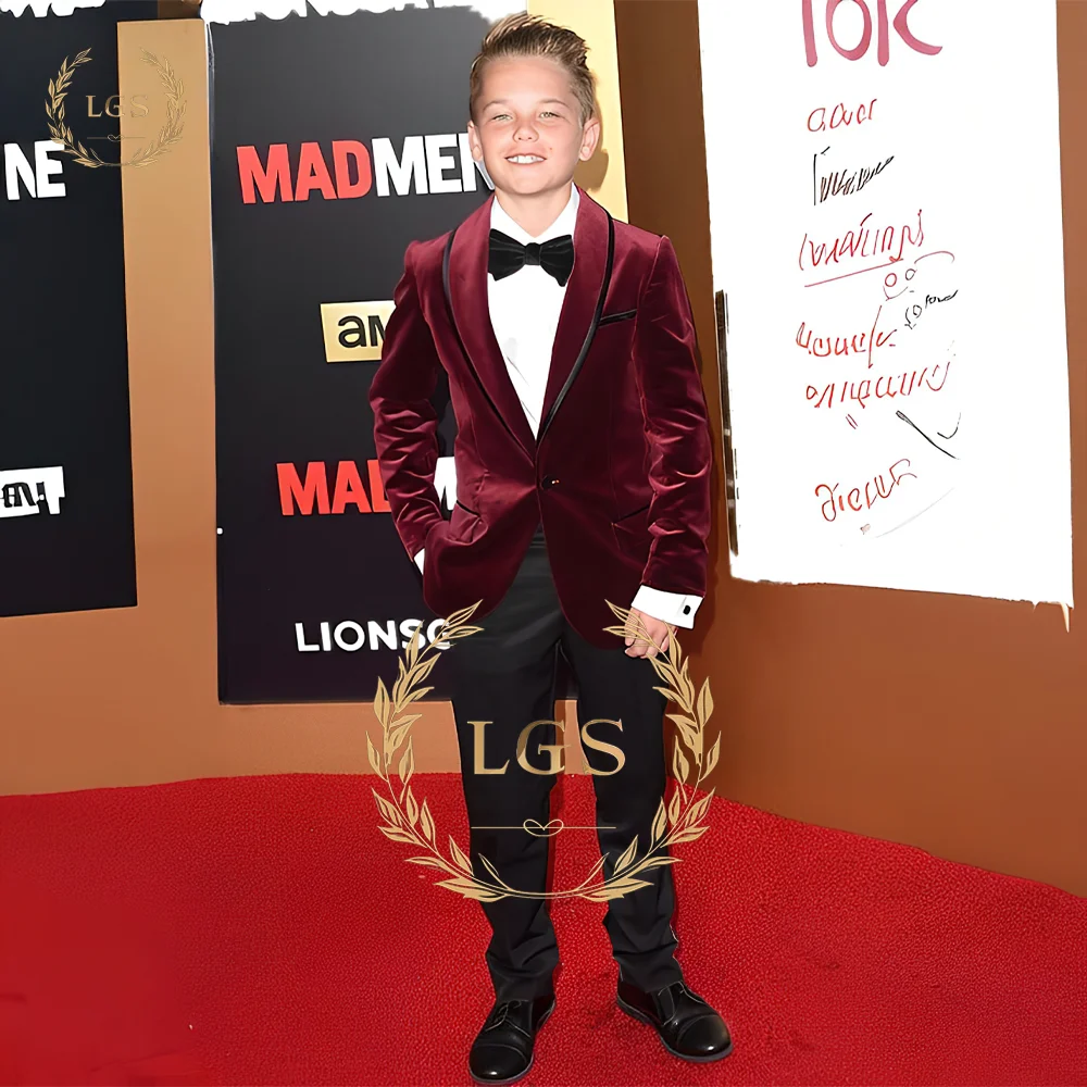 

Burgundy suit boys velvet jacket and black pants set of 2 - suitable for children 2-16 years conjuntos para niños