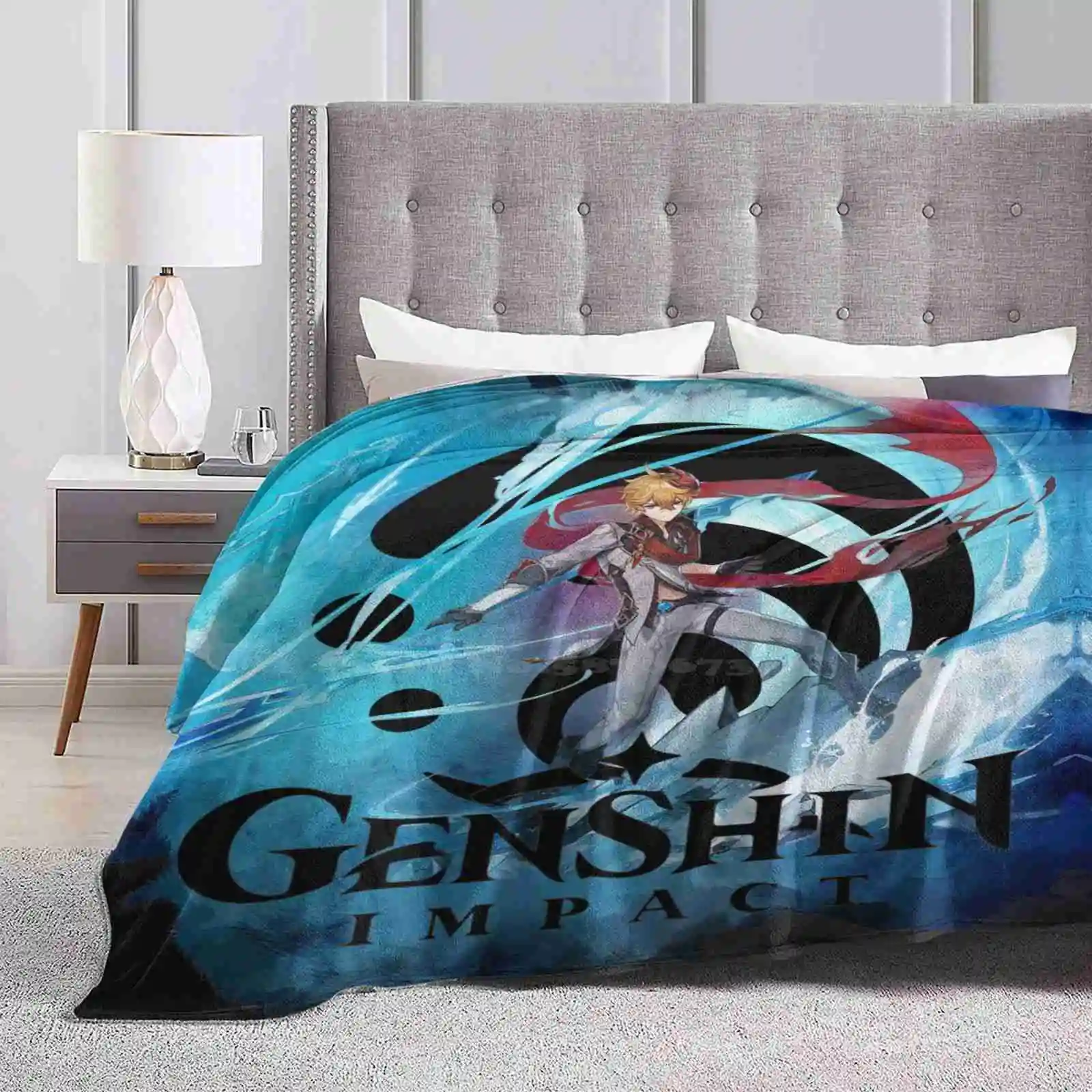 Watercolor Tartaglia Low Price New Print Novelty Fashion Soft Warm Blanket Genshin Impact Gaming Husbando Videogames Venti Jean