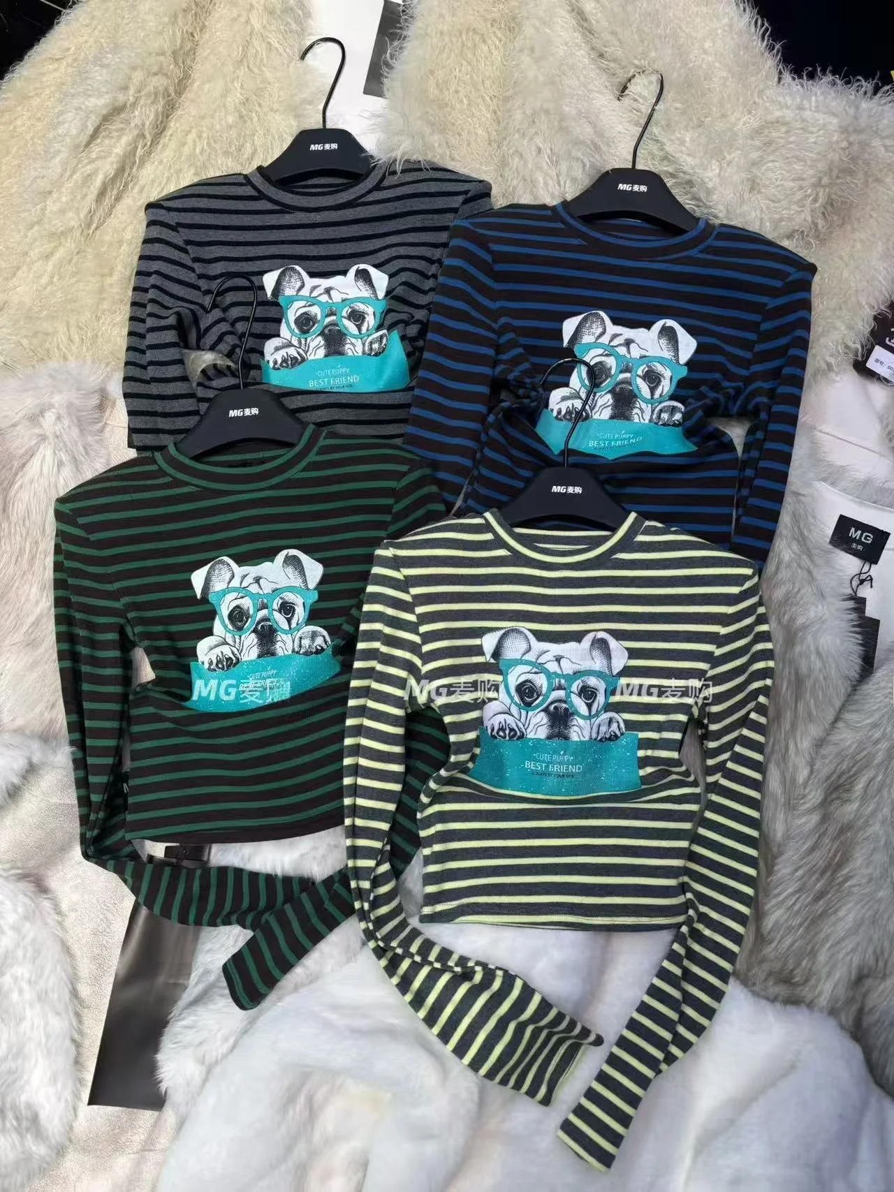 

Winter New Sle Women's Slim Fit Stripe Long Sve ort T-irt Faux Fur oulder Pad Comfortable Soft Cotton Top