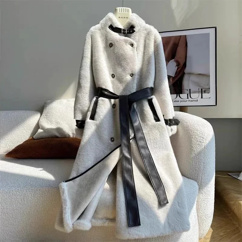 แฟชั่นฤดูหนาว High-end อารมณ์ยาวเสื้อขนสัตว์สําหรับผู้หญิงใหม่คู่หลวมเข็มขัด Thicken WARM FUR JACKET Outwear