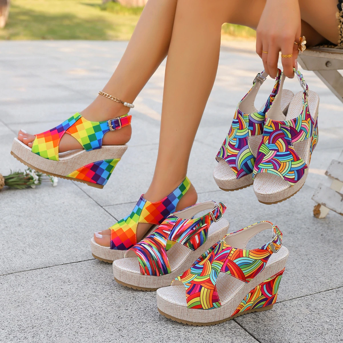 Women Sandals Rainbow Graffiti Wedge Heels Sandals Women Summer Peep Toe Platform Shoes Woman Buckle Strap Thick Bottom Shoes