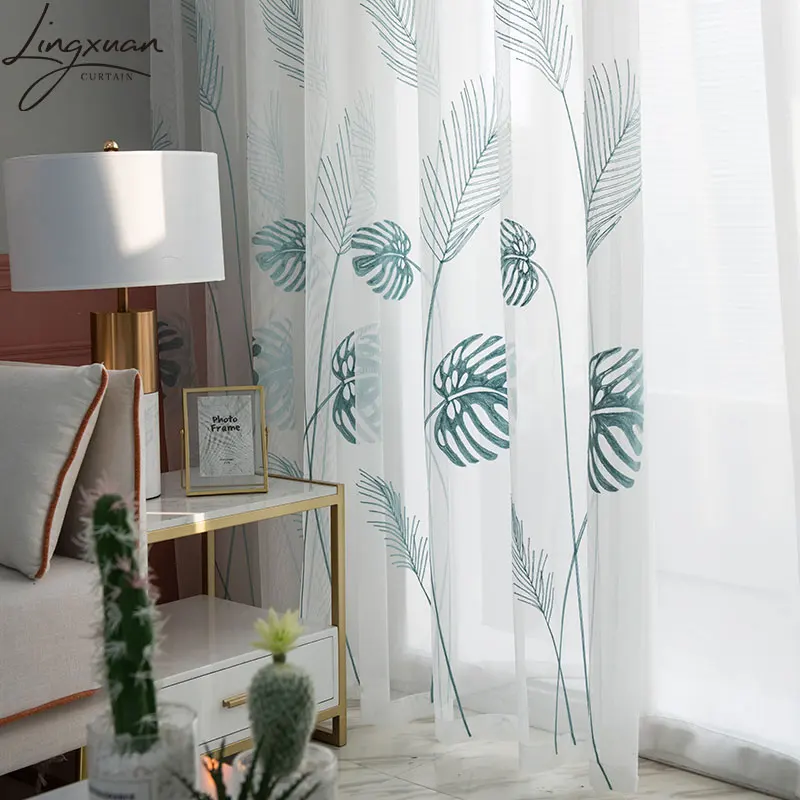 Embroidered Palm Leaves Tulle Window Curtain For Living Room Bedroom Plant Voile Sheer Curtains Kitchen Treatments Panel Drapes