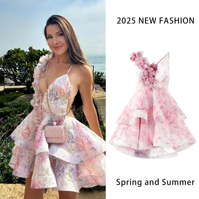 3D Flowers Lace Up Halter Dress Woman Sweet Puffy Strap Dress Printed Layered Backless Deep V-Neck 2025 Summer New Fashion