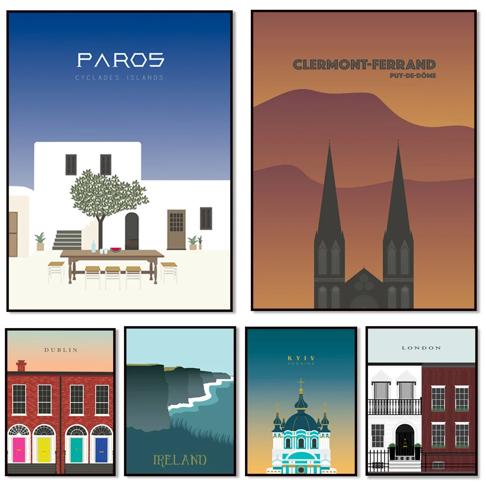 Dublin, Kyiv Ukraine, London, Paris, Ireland, Paros, Clermont Ferrand minimalist travel poster graphic design illustration