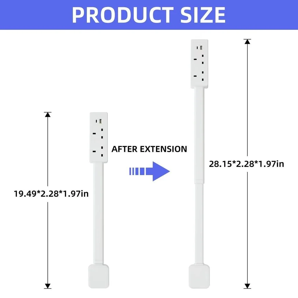 White Outlet Extender with Adjustable Length 49 5cm to 71 5cm for UK Wall Sockets Featuring Dual USB A and USB C Charging