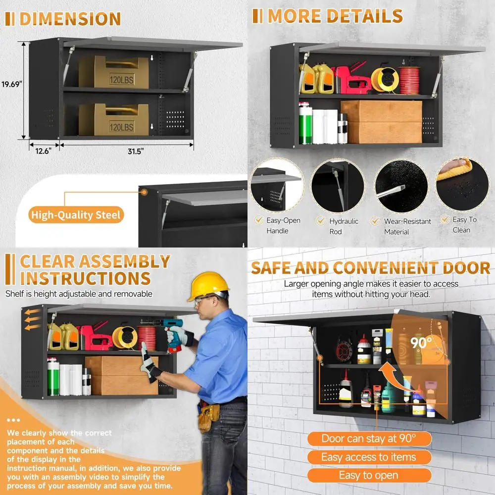 

Стальной настенный шкаф для гаража с откидной дверцей и регулируемой полкой, идеально подходит для кухни, мастерской и склада (19.7H, черный)